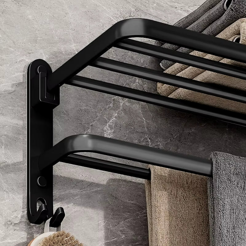 Space Aluminum Wall Mounted Double Towel Rack – Foldable with Hooks