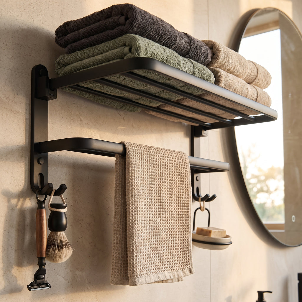 Space Aluminum Wall Mounted Double Towel Rack – Foldable with Hooks