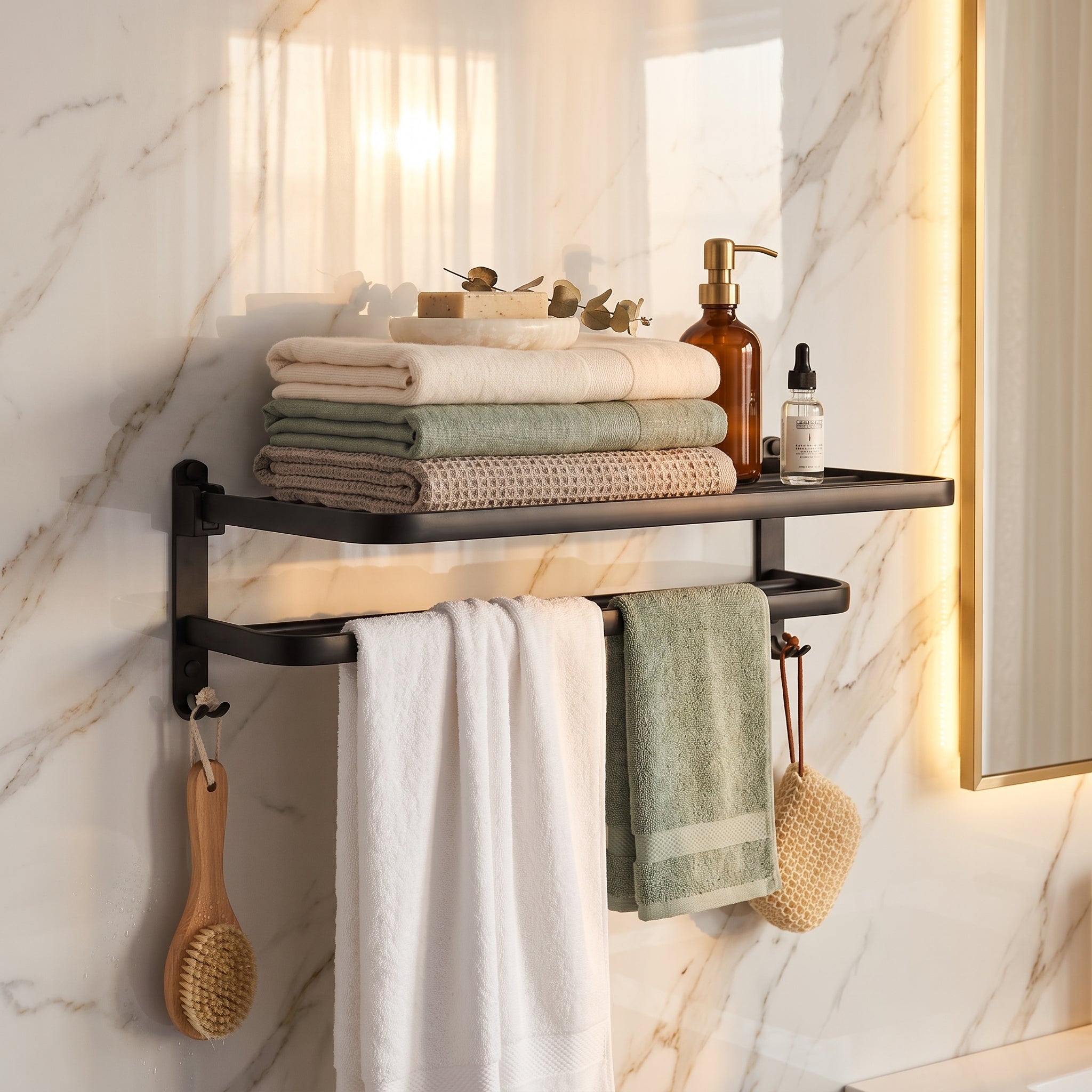 Space Aluminum Wall Mounted Double Towel Rack – Foldable with Hooks