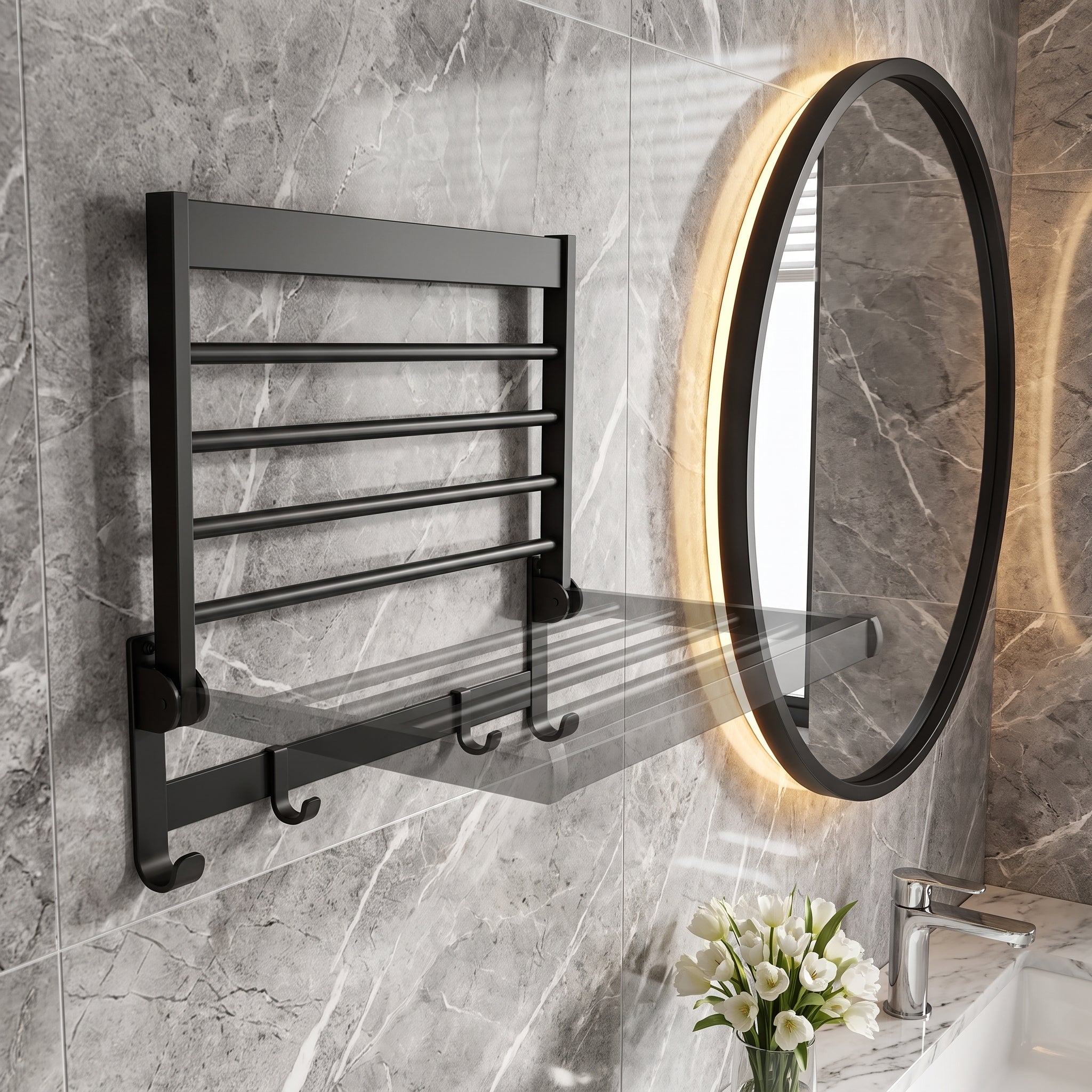 Space Aluminum Wall Mounted Double Towel Rack – Foldable with Hooks