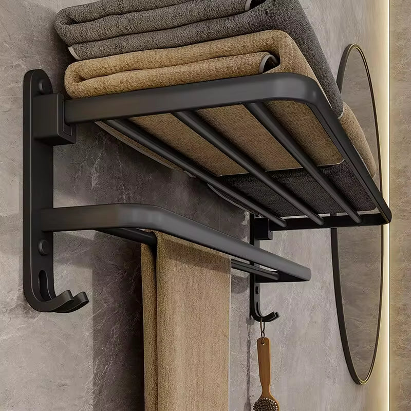 Space Aluminum Wall Mounted Double Towel Rack – Foldable with Hooks