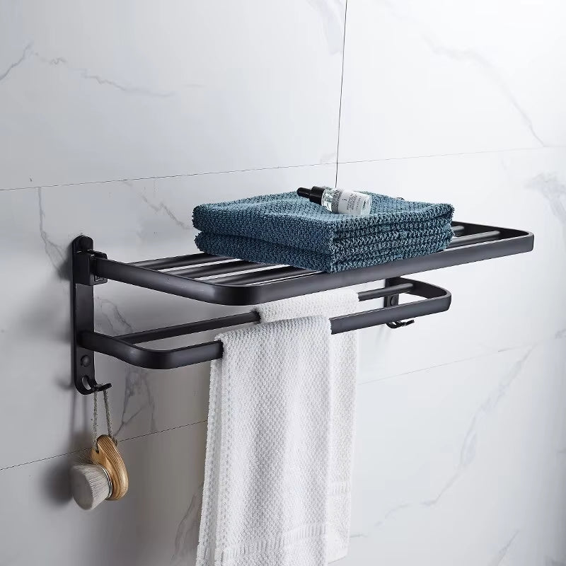 Space Aluminum Wall Mounted Double Towel Rack – Foldable with Hooks